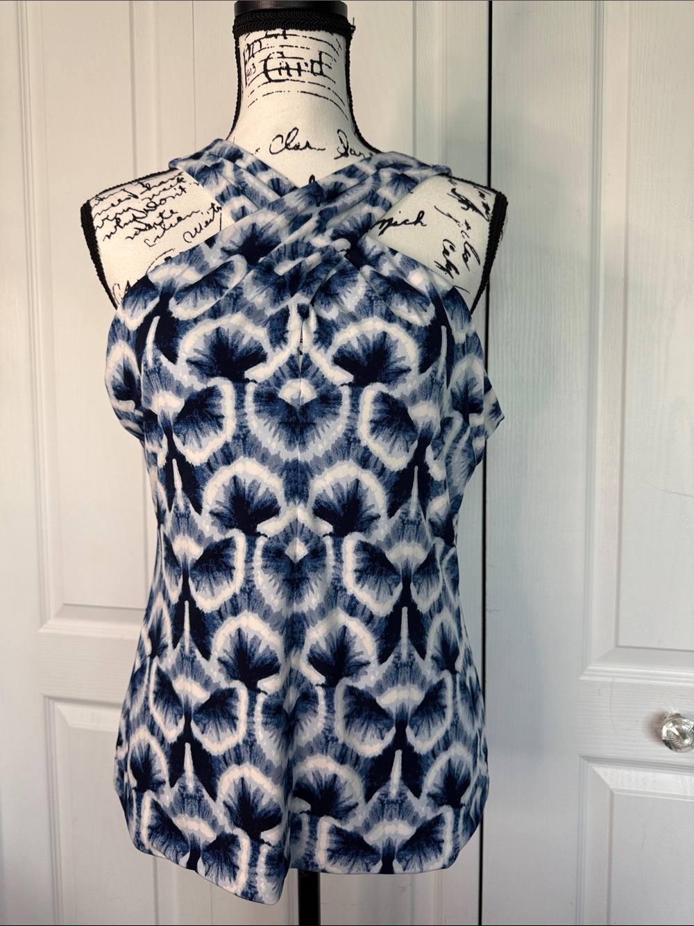 White House Black Market Navy and White Crisscross Halter Top